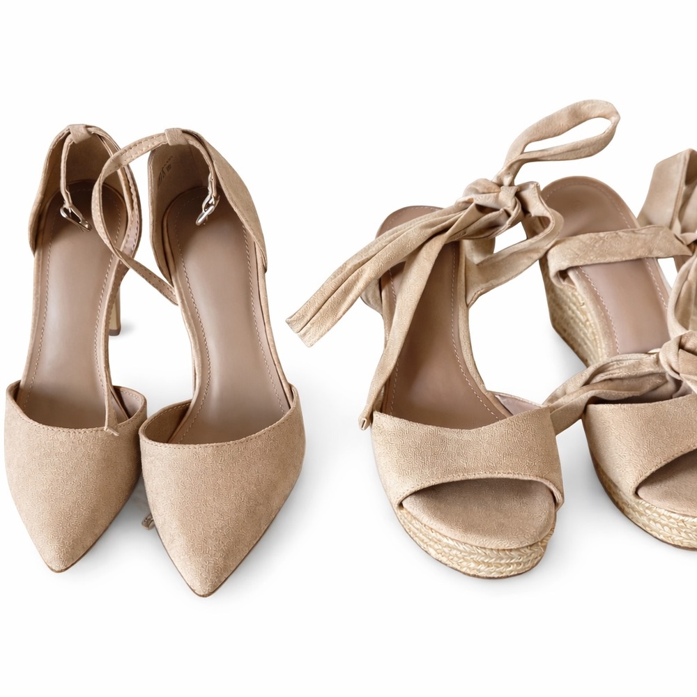 Lot of 2 Pair Cream Tan Nude Suede-like Heels Size 6.5